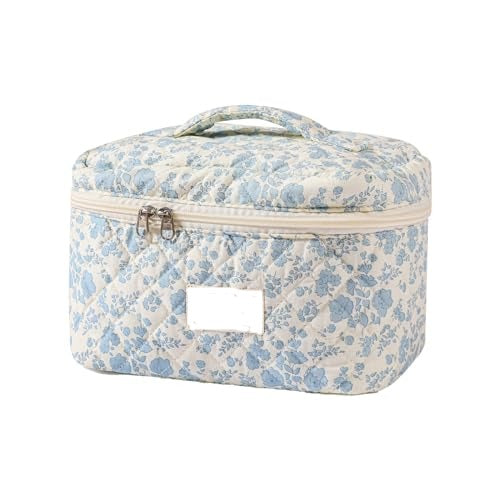 Large Travel Quilted Makeup Bag for Women, Floral Cotton Cosmetic Bag, Coquette Aesthetic Floral Toiletry Organizer Bag (01Lithtblue-flower)